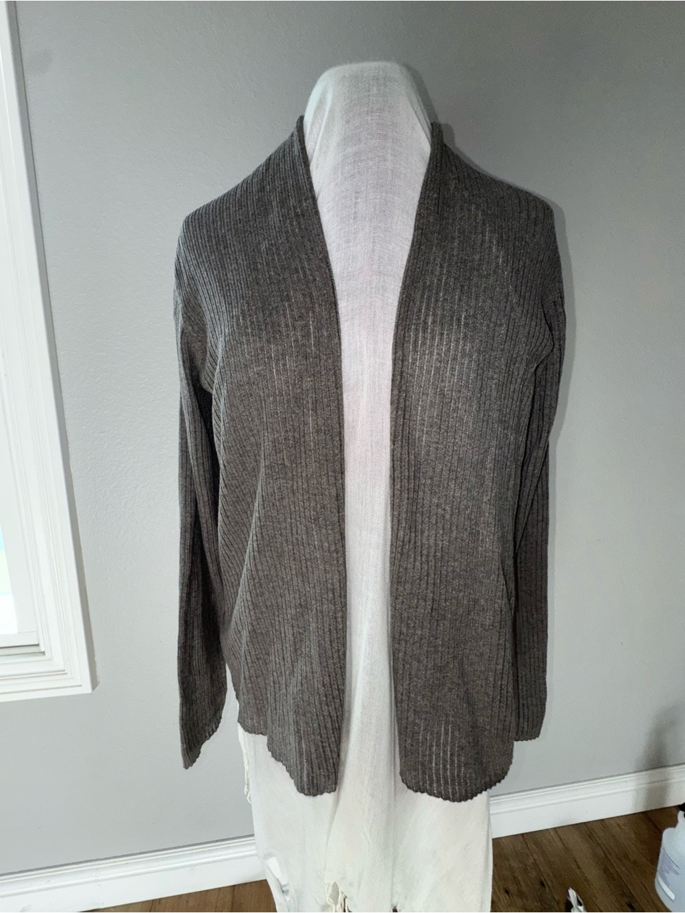 Eileen Fisher Taupe Ribbed Open Front Cardigan